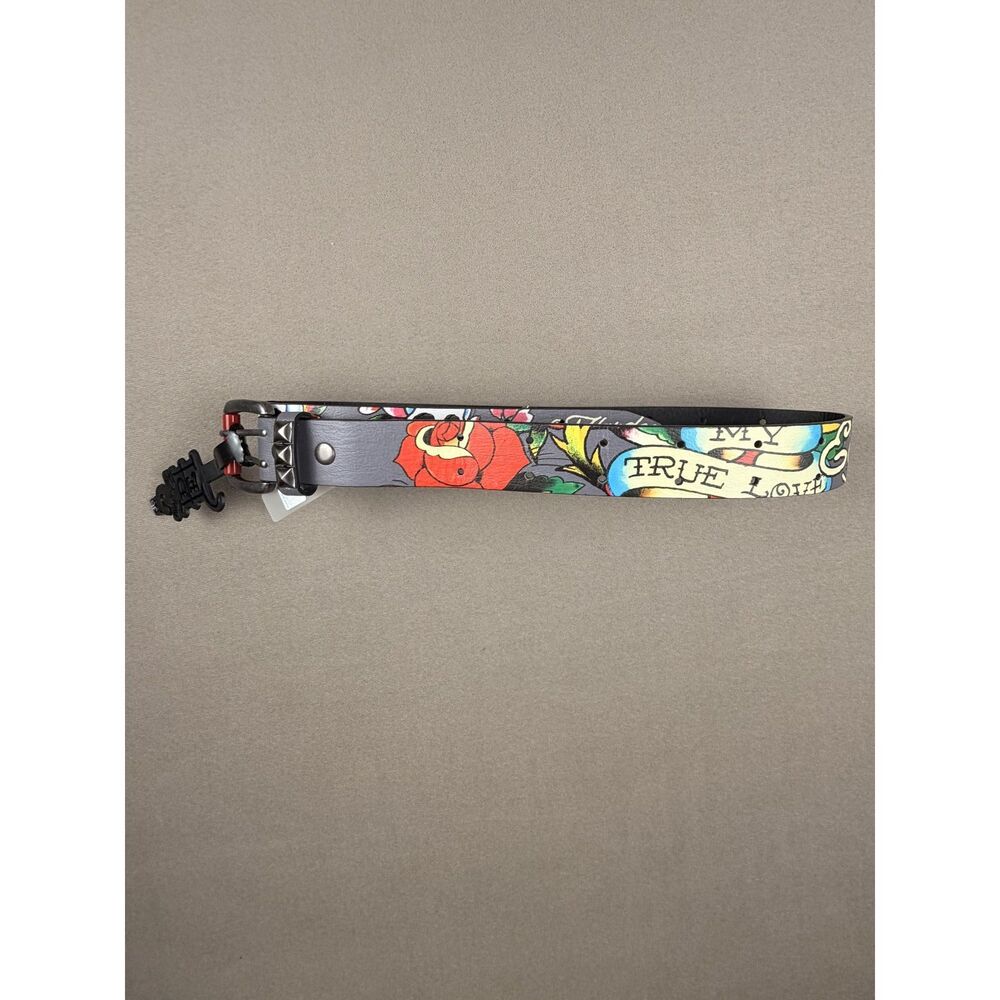 Ed Hardy Y2K Mens " My True Love" Tattoo Print Belt Skulls Roses Black Grey -36